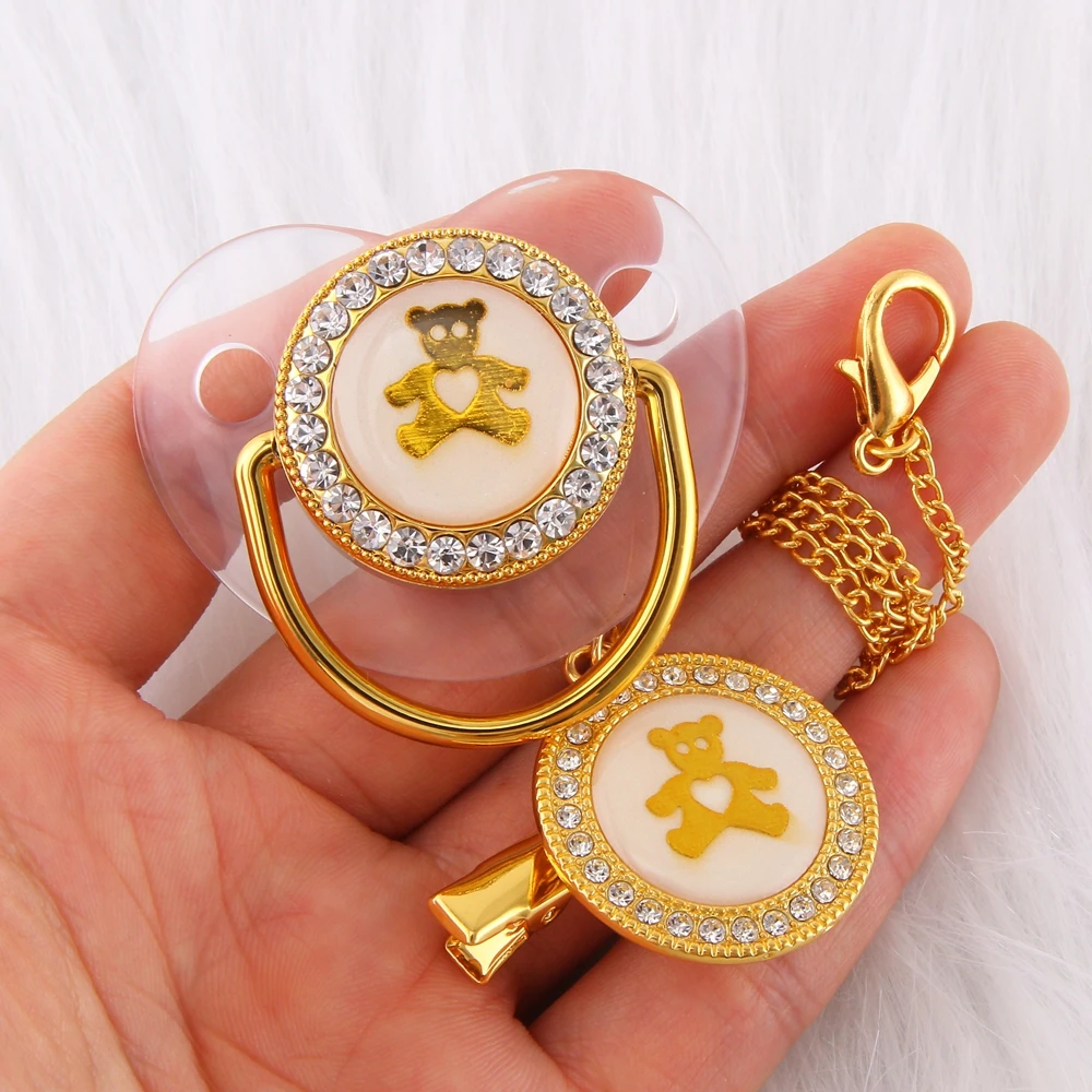 Chupete de lujo con diamantes de imitación para bebé, de 0-18 meses, oso encantador, chupete ortodóntico de silicona para bebé, chupete para dormir