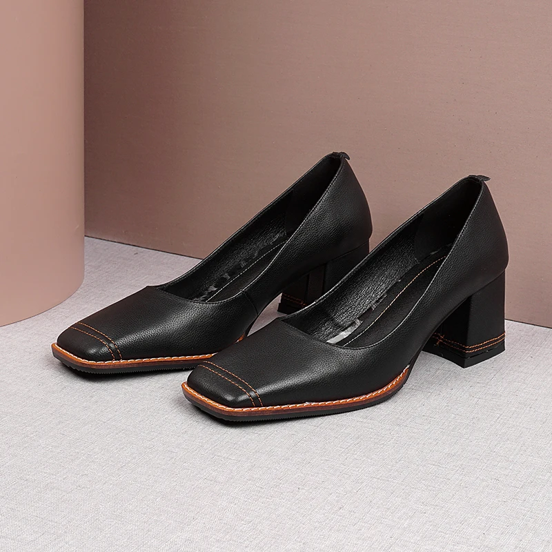 Autumn Pumps Genuine Leather square Toe Square Heel Shoes Shallow Elegant Office Women Solid Pumps