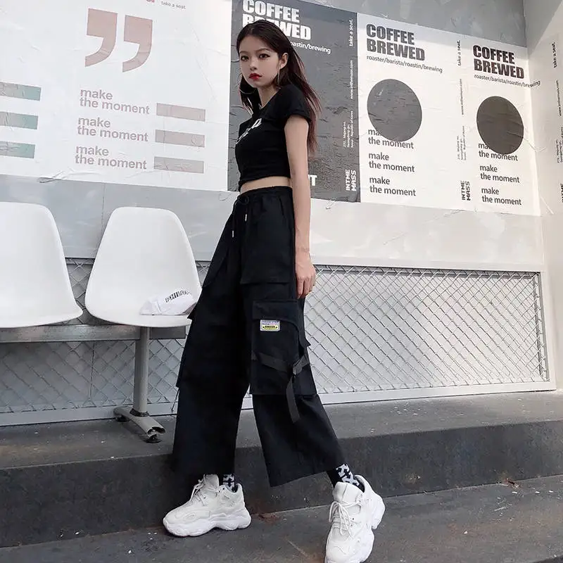 1 Harajuku женские брюки-карго уличная эластичная высокая талия Черные Серые свободные женские карманы брюк pantalon femme хип хоп брюки - Цвет: 1