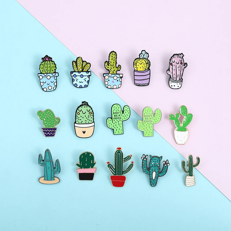 明るい色のサボテン植物のパターン 素敵なアクセサリーのセット 植物の描画エナメルピン Aliexpress