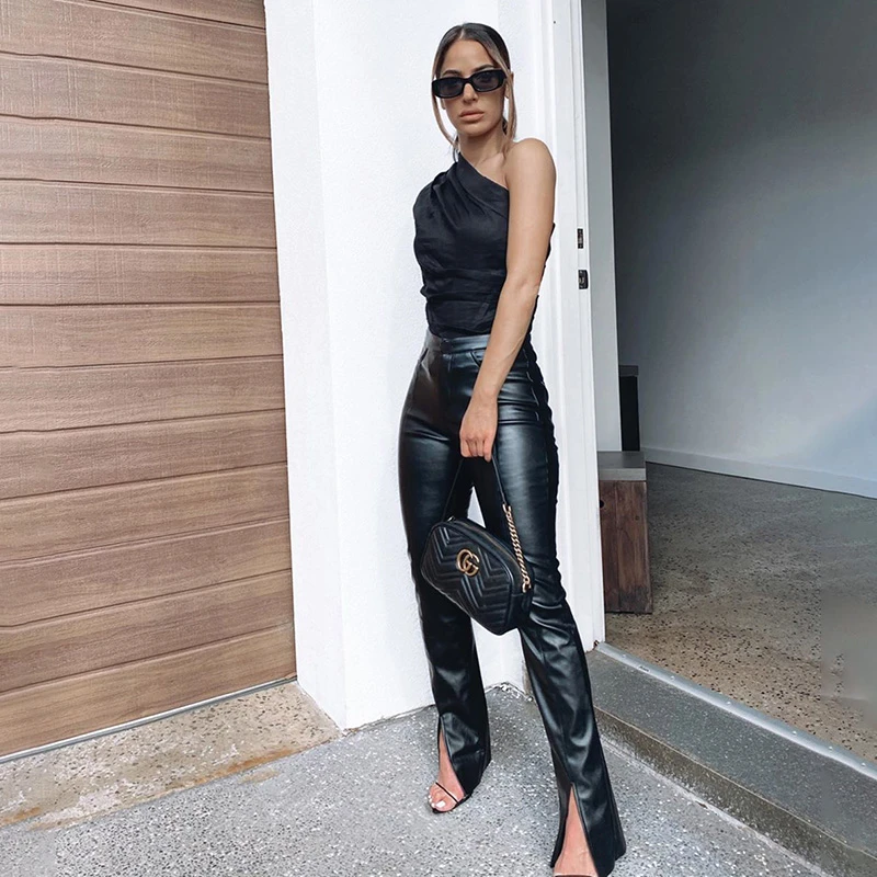 InstaHot Women Faux Leather Pant Trouser Split Flare Pants Black High Waist Skinny PU Leather Pantalones Winter 2020 Lady Capris