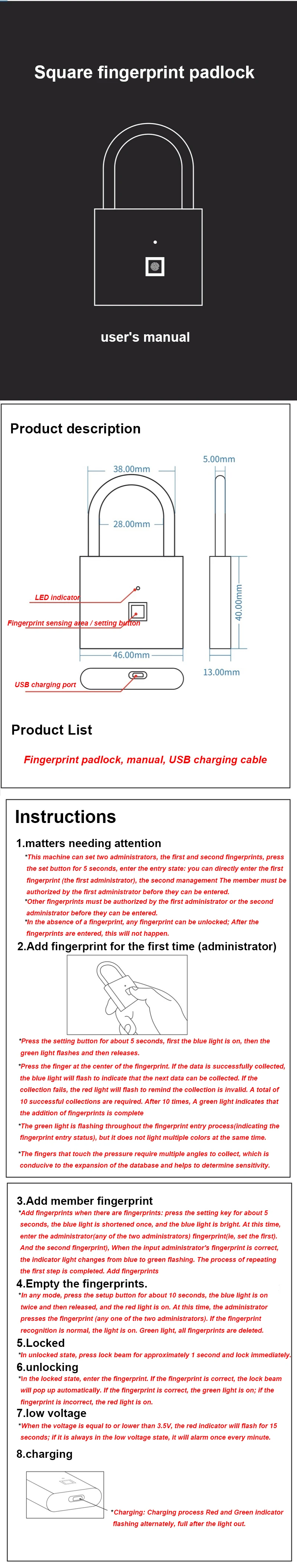 Новое поступление Keyless USB Перезаряжаемый биометрический дверной замок Умный Замок быстрая разблокировка цинковый сплав металлический саморазвивающийся чип