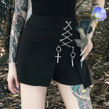 

Lychee Harajuku Cross Chain Solid Color Black Women Skirt Above Knee Irregular Split Women Skirt Summer High Waist Lady Skirt