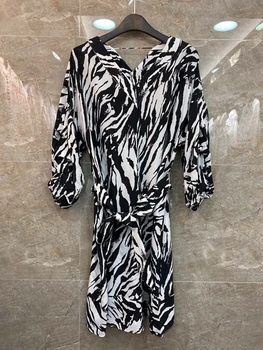 

2020 Early Spring New Women's Deep V-neck Zebra Striped Prints Waist Hugging Long-Sleeved Dress 408