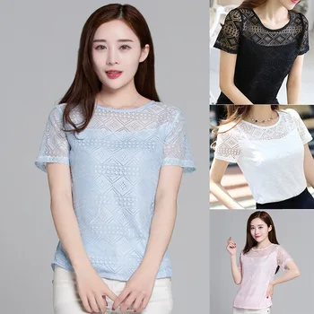

Ladies Tops Hollow Lace Short Sleeves Slim Fit Crew Neck Shirts for Summer FEA889