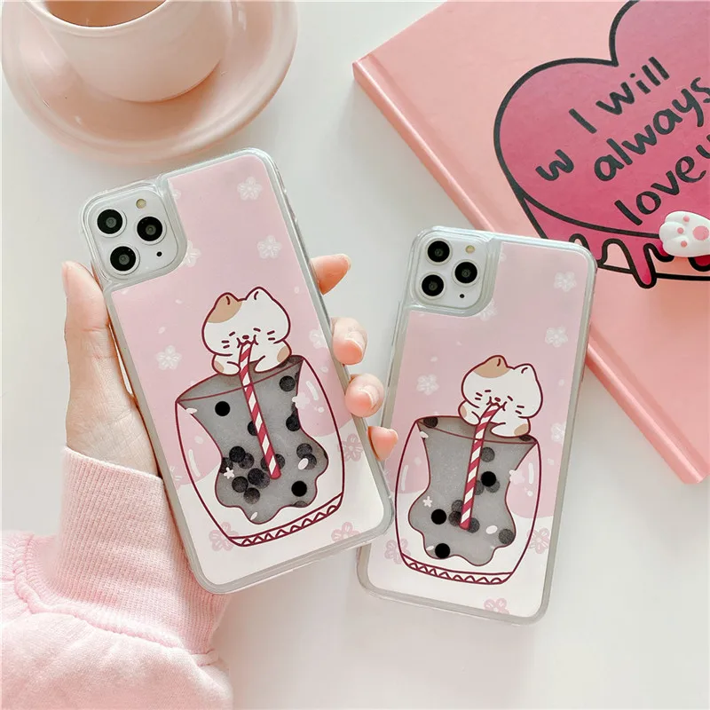 

moskado Funny Cat Quicksand Phone Case For iPhone 11 X XR XS Max Soft TPU Back Cover For iPhone 7 8 7Plus Cute Milk Tea Cat Case