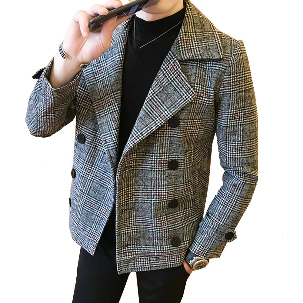 Men's autumn winter new British style trendy lattice thicker Double Breasted Warn Slim woolen coat short paragraph jacket