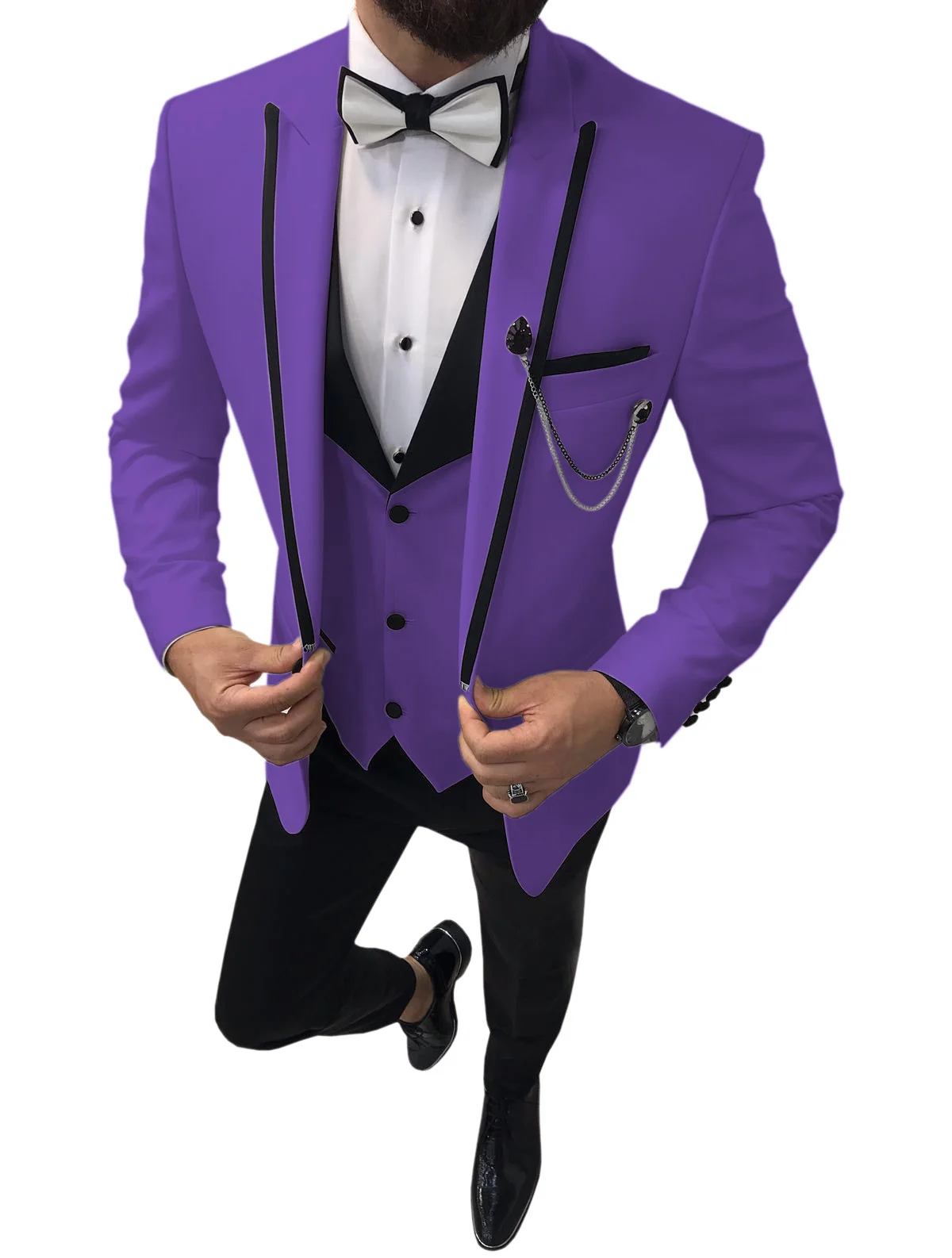 Коричневый мужской костюм из 3 предметов, приталенные Женихи, мужские повседневные свадебные костюмы с зубчатым отворотом, мужской смокинг с v-образным вырезом(пиджак+ жилет+ брюки - Цвет: Фиолетовый