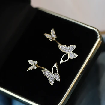 

Luxury Female White Round Crystal Earring Classic Sterling Silver Stud Earrings For Women Cute Hollow Butterfly Wedding Earring