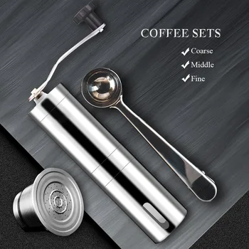 

For Nespresso Refillable Stainless Coffee Capsule Reusable Filter with 30g Coffee Manul Grinder Steel Spoon with Clip Tool