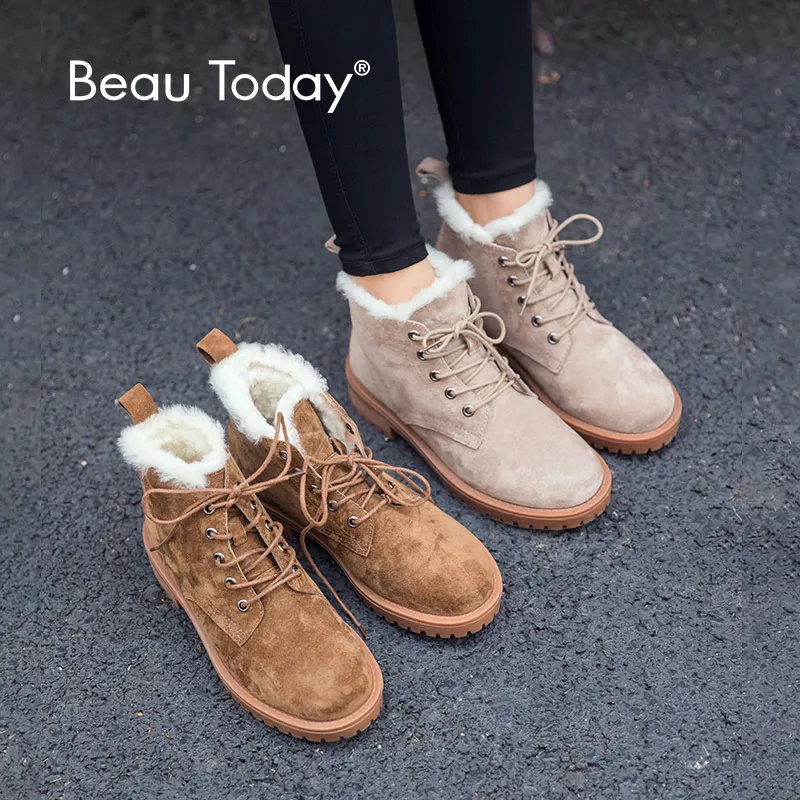 BeauToday/шерстяные зимние сапоги, Женская замшевая обувь с круглым носком, на шнуровке, на платформе, зимняя женская обувь до щиколотки, ручная