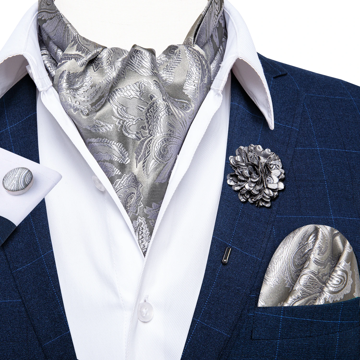 Klassische Hochzeits-Ascot-Krawatte für Herren, Gelb-Gold-Rot, Paisley-Blumenmuster, Schal, Krawatte, Brosche, Set, Ascot-Krawatte für Bankette – Detail 10