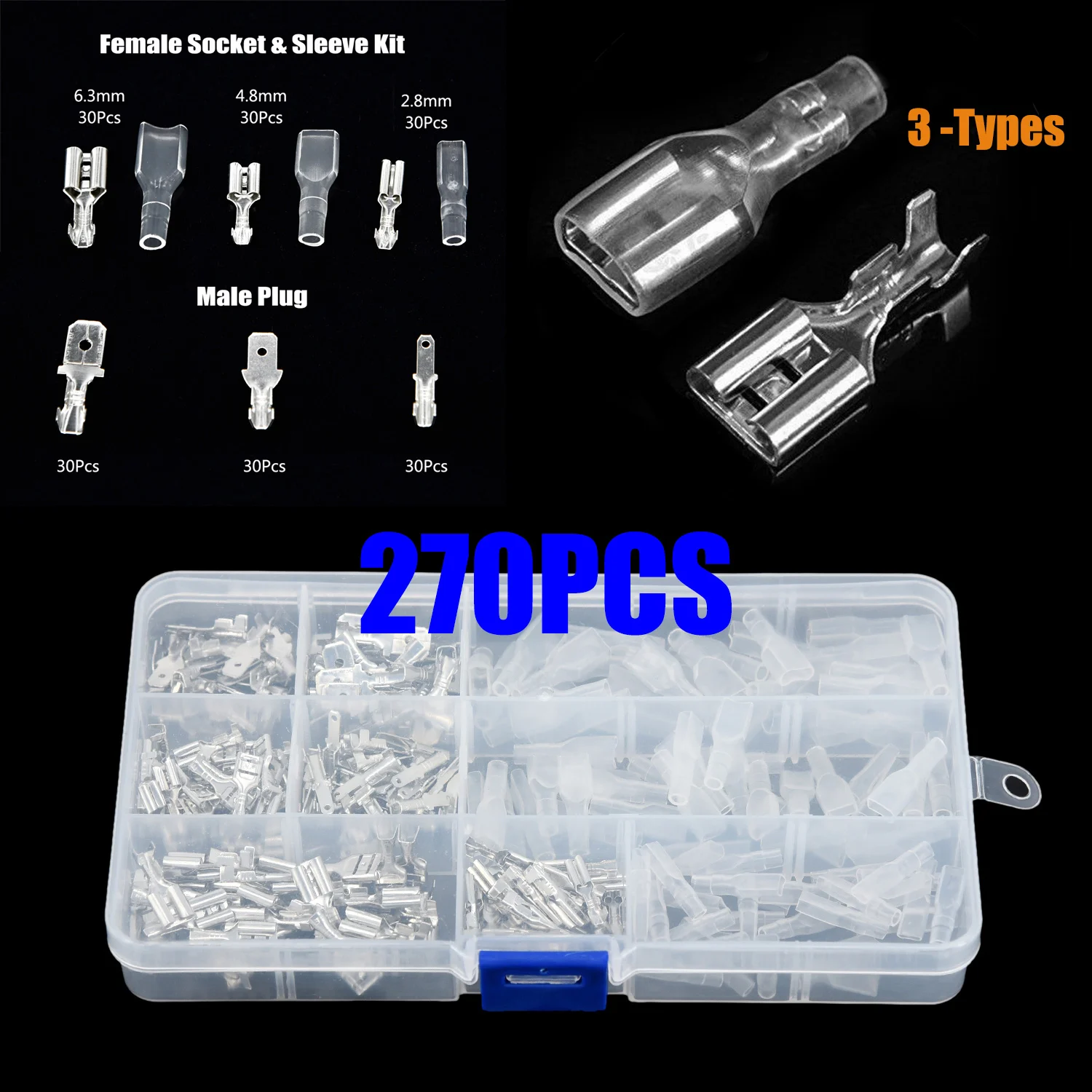 270x Mixed Spade Crimp Terminal Insulated Connectors Male & Female Cable Set 