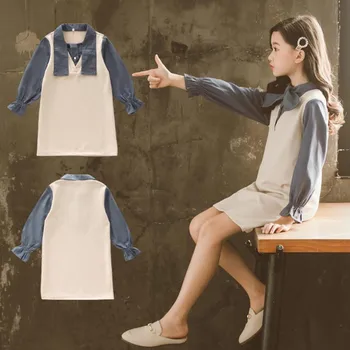 

DFXD Elegant Girls Dress Spring Long Sleeve Patchwork Bow Collar Princess Outfits 3-12T Big Girls Princess Dress Vestidos Cotton