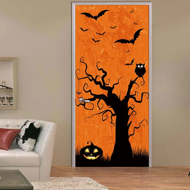 3D Self Adhesive Wall Art Decal On Door Halloween Day Party Sticker For Home Door Decoration Renovation Wallpaper Print Picture - Цвет: Door ZZ13269-07