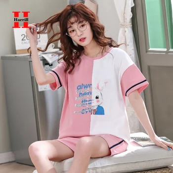 

Summer Women Pajama Set Cute Cartoon Print Cotton Pyjama Set Girl Short Sleeve 2pcs Comfortable Sleepwear Suit Nightshirt Sets