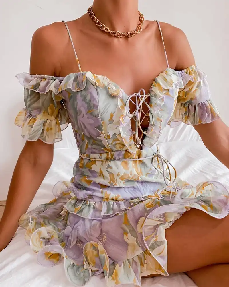 2021 Summer Women Cold Shoulder Lace up 