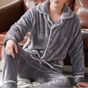 

2020 Spring Thick Warm Blue Flannel Pajama Sets For Men Long Sleeve Coral Velvet Sleepwear Suit Loungewear Homewear Home Clothes