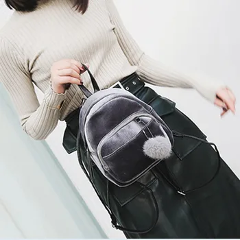 

Simple Backpacks Women Girl 2020 Fashion Mini Fur Ball Backpack Shoulder Bag Pure Color Female Bag Travel School Backpack