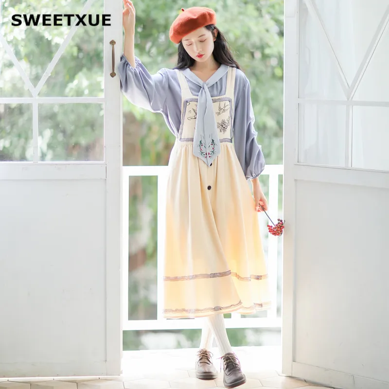 Осенний костюм SWEETXUE 2019 в стиле преппи из двух предметов шифоновый топ с коротким