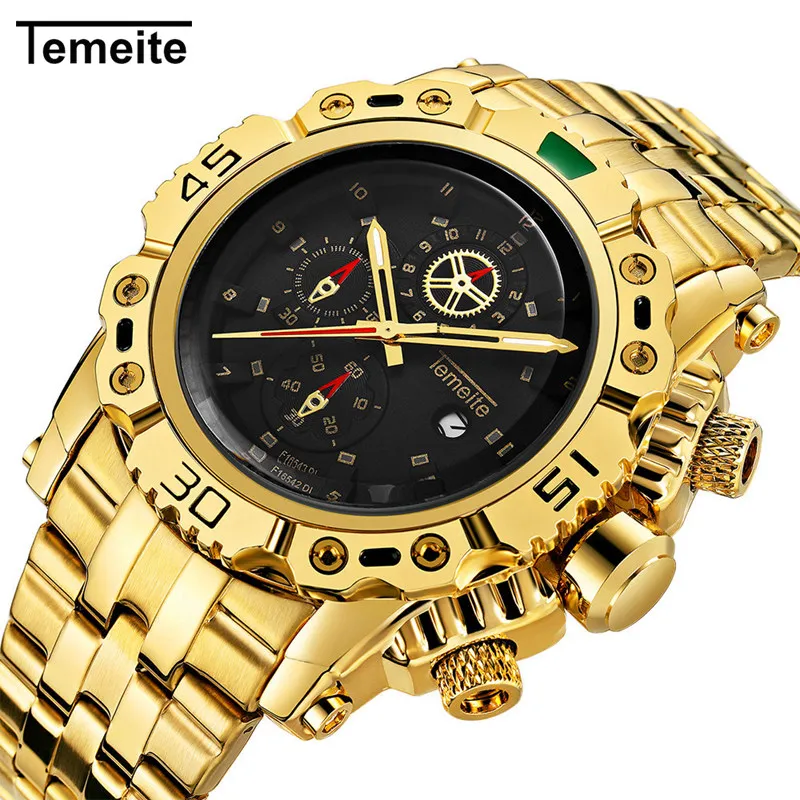 

Top Brand Luxury Creative Golden Men Watch Quartz Wristwatch 3D Dial Design Full Stainless Steel Calendar Waterproof Big Watches