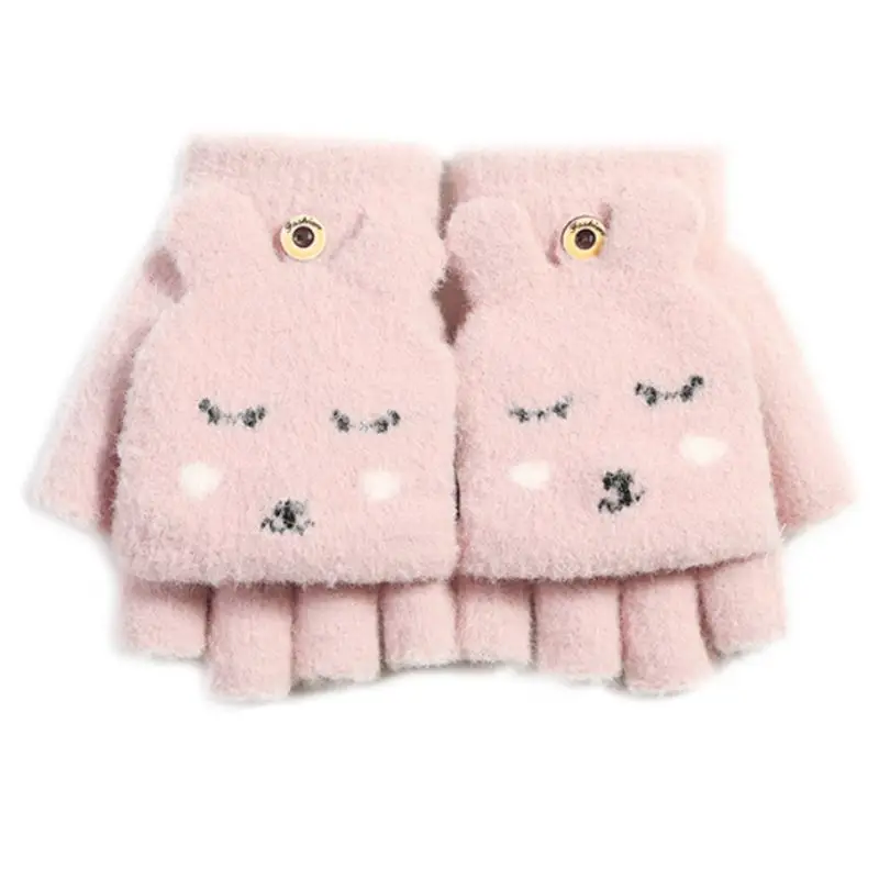 Pink Женские зимние утепленные плюшевые перчатки с откидной крышкой и кроличьими ушками Cartoo - Цвет: Pink