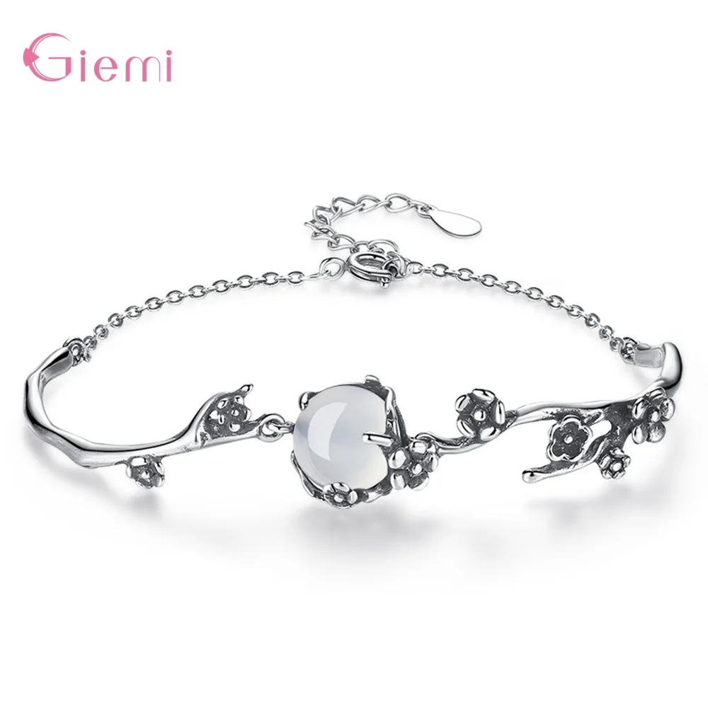 Винтажный Модный 925 пробы Серебряный Белый Лунный камень браслет с цветами сливы Женские Ретро Браслеты Ювелирные Украшения