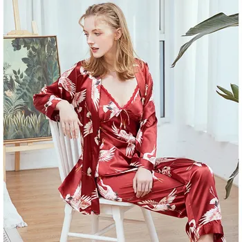 

Quality Women Pajamas Sets Lady Silk Sleepwear Long Sleeve Nightgown Christmas Pajamas For Women Mujer Lingerie Sleep Tops