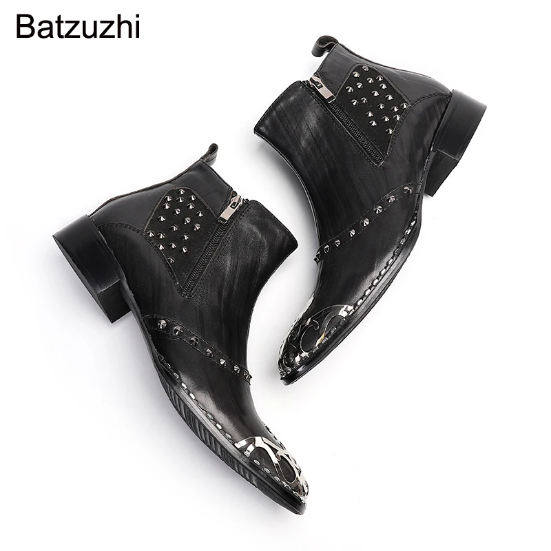 Batzuzhi Luxury Handmade Men Boots Shoes Black Genuine Leather Short Boots with Rivets Zip Metal Head Cool Botas Hombre, EU38-46