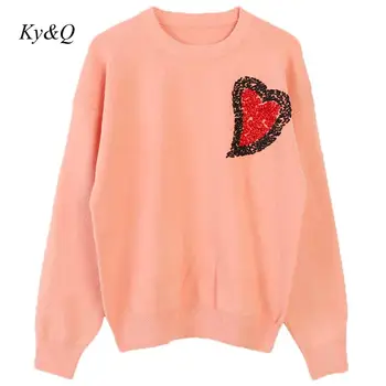 

Brand Desinger 2019 Winter Women O-neck Beaded Cartoon Love Embroidery Long Sleeve Pullover Sweater Luxury Kawaii Jumper Clothes
