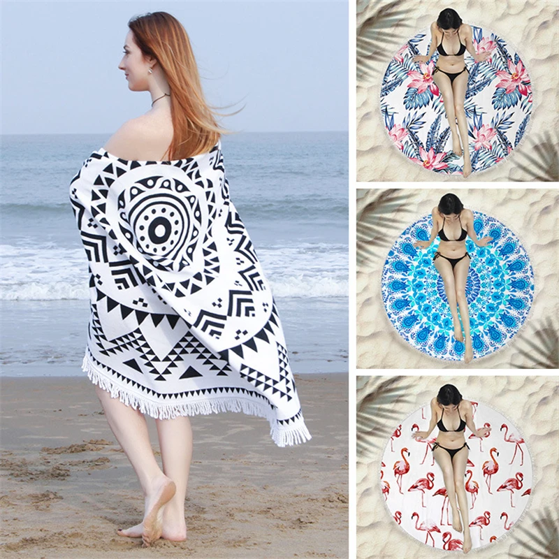 

Microfiber Circular Tassel Fringe Edge Beach Towel European and American Beach Towel Active Printing Fashion Simple Style