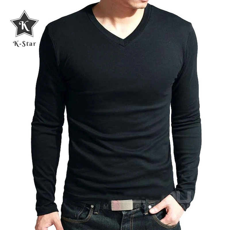 

K-Star Elastic Mens T-Shirt V-Neck Long Sleeve Men T Shirt For Male Lycra And Cotton T-Shirts Man Clothing TShirt Brand Tees