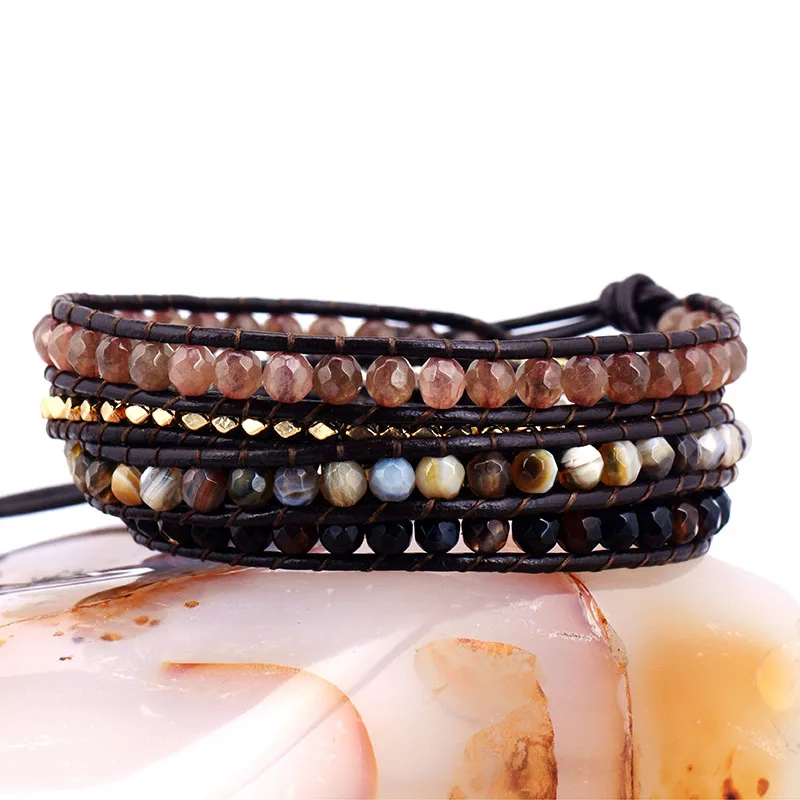New Cool 5 Strands Mixed Stones Onyx Metal Beads Leather Wrap Bracelets Vintage Black Lover’s Bracelet