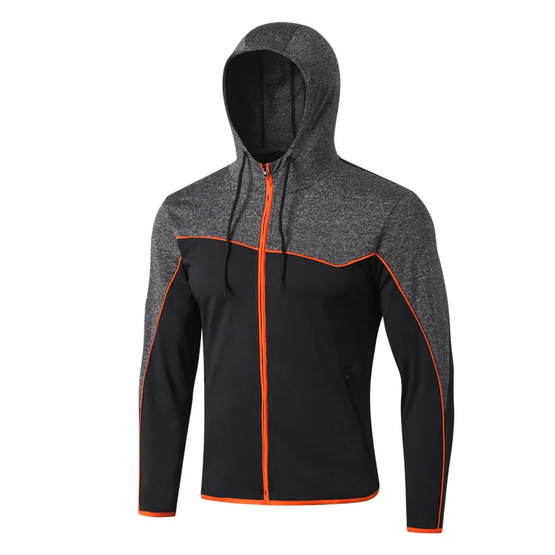 Top black-orange Осенне-зимние мужские комплекты для бега, новые спортивные куртки с капюшоном, длинные штаны для бега, уличная одежда для фитнеса и тренировок, тренировочные куртки XXL - Цвет: Top black-orange