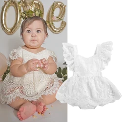Barboteuse princesse en dentelle pour filles et garçons de 0 à 18 mois, combinaison à manches courtes, dos nu, imprimé floral, à volants, été 