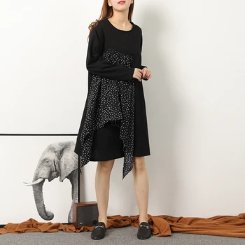 

[TVVOVVIN] 2019 Autumn And Winter New Products Fashion Dot Stitching Loose Round Neck Slim Long Sleeve Knee-length Dress B128