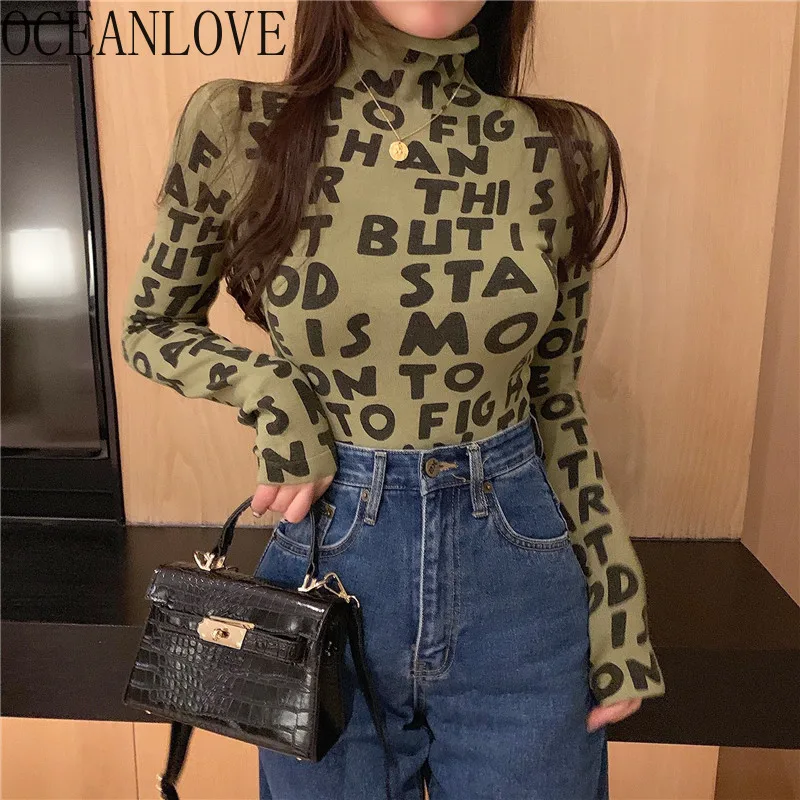 

OCEANLOVE Turtleneck Print Letter Sim Sweaters Women Stretch Elegant Basic Pullovers Fashion Ins Sexy Sueter Mujer Clothes 14318