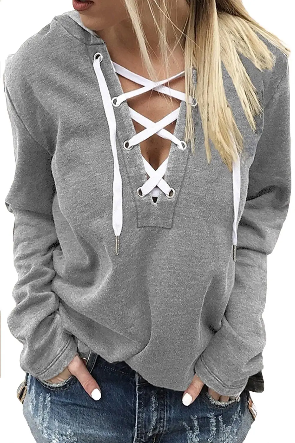 Dark Gray Split Neck Lace-Up Solid Color Hoodie Sweatshirts Women Autumn Spring Long Sleeve Fashion Elegant Plus Size 2XL Tops