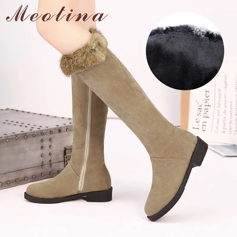 

Meotina Winter Rabbit Hair Snow Boots Women Zipper Thick Heel Knee High Boots Warm Plush Round Toe Shoes Ladies Red Plus Size 46