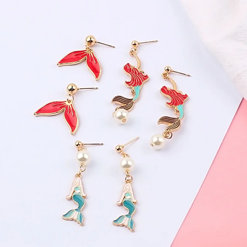 

2019 New Simple Japanese Korean Style Cartoon Mermaid Cute Mini Small Drop Earrings for Girl Women Fashion Jewelry Accessories