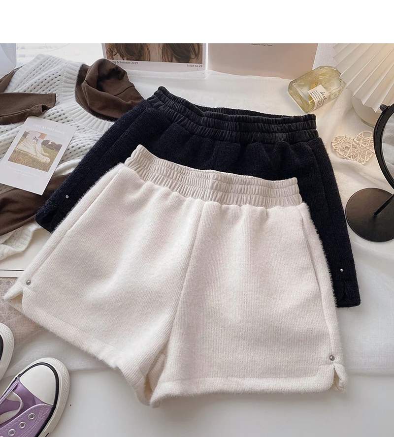 

Зимние Новые Стильные корейские темпераментные однотонные широкие Свободные повседневные шорты с высокой талией