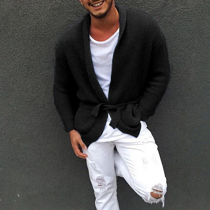 

Open Front Solid Sweaters Shawl-Collar Sweater 2019 New Coats Comfy Loose Autumn Slim Knitted Button Long Cardigans For Men