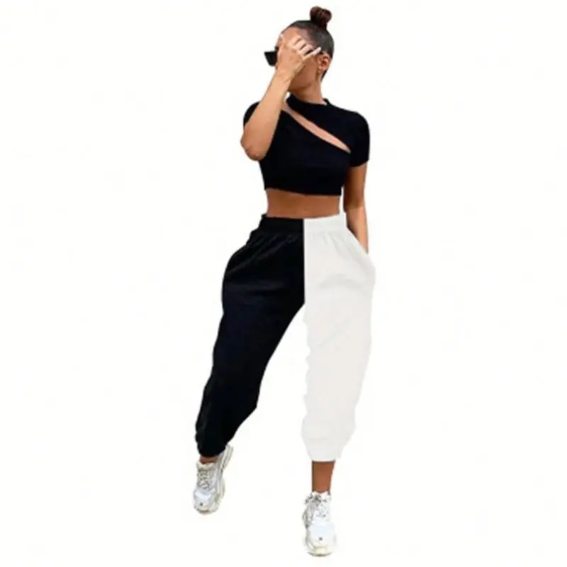 

2020 Wholesale fashion Summer Women sale high waist contrast color Female spliced Bottoms Ladies ankle banded pants sweatpants