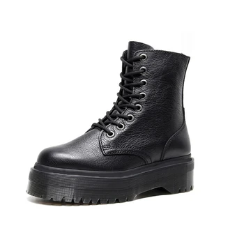 

Real leather platform ankle booties 8 holes lace-up doc motorcycle bottes black women winter shoes size 35-44