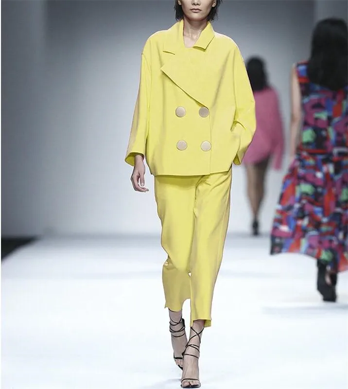 

Fashion Yellow Lady Women's Suit Set 2019 Spring and Autumn Slim Professional 2 Piece Set Suit Women's Pantsuit Customi Made