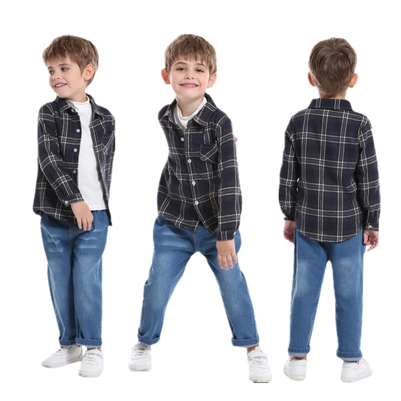 Kids Plaid Clothes Suit Baby Boy Plaid Shirt Denim Pants T shirt 3Pcs