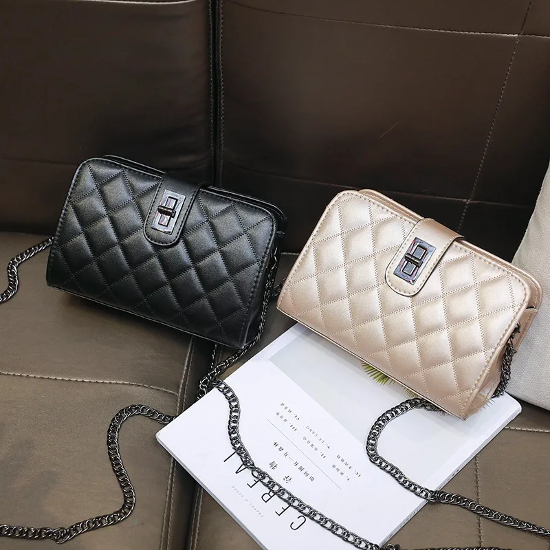

2018 New Style Bag with Chain Europe And America Fashion Graceful Simple Lock Handbag Rhombus Messenger Bag