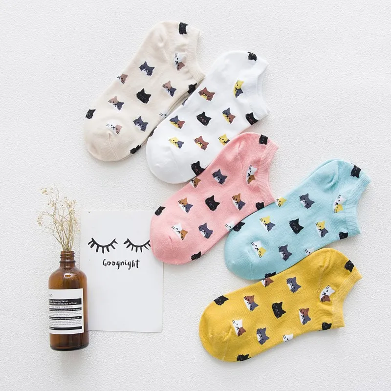 

2020 New Spring And Summer Thin Color Cartoon Cat Pattern Series Non-slip Breathable Cotton Ladies Socks Five Pairs