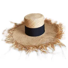 Топ!-весна лето флоппи рафия пляжная шляпа с бахромой соломенные шляпы с широкими полями шляпа от солнца двойной козырек шапки черная полоса шляпы с плоским верхом