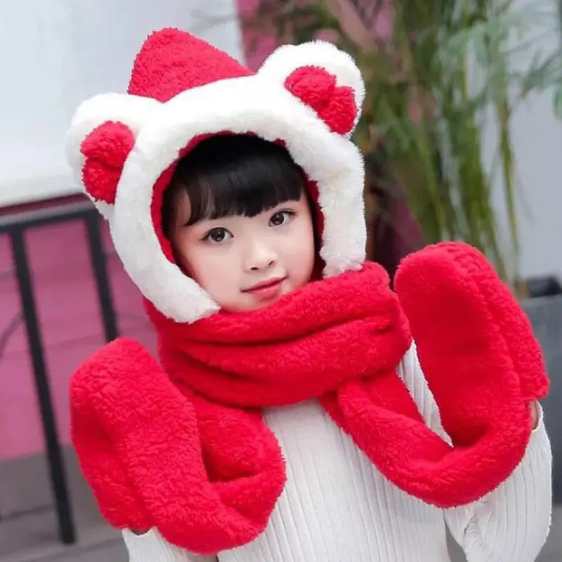 Red kids Многофункциональная шапка, шарф, перчатки, набор женских детских наушников, костюм, аксессуар, двойной плюш, теплый и удобный, рождественский подарок - Цвет: Red kids